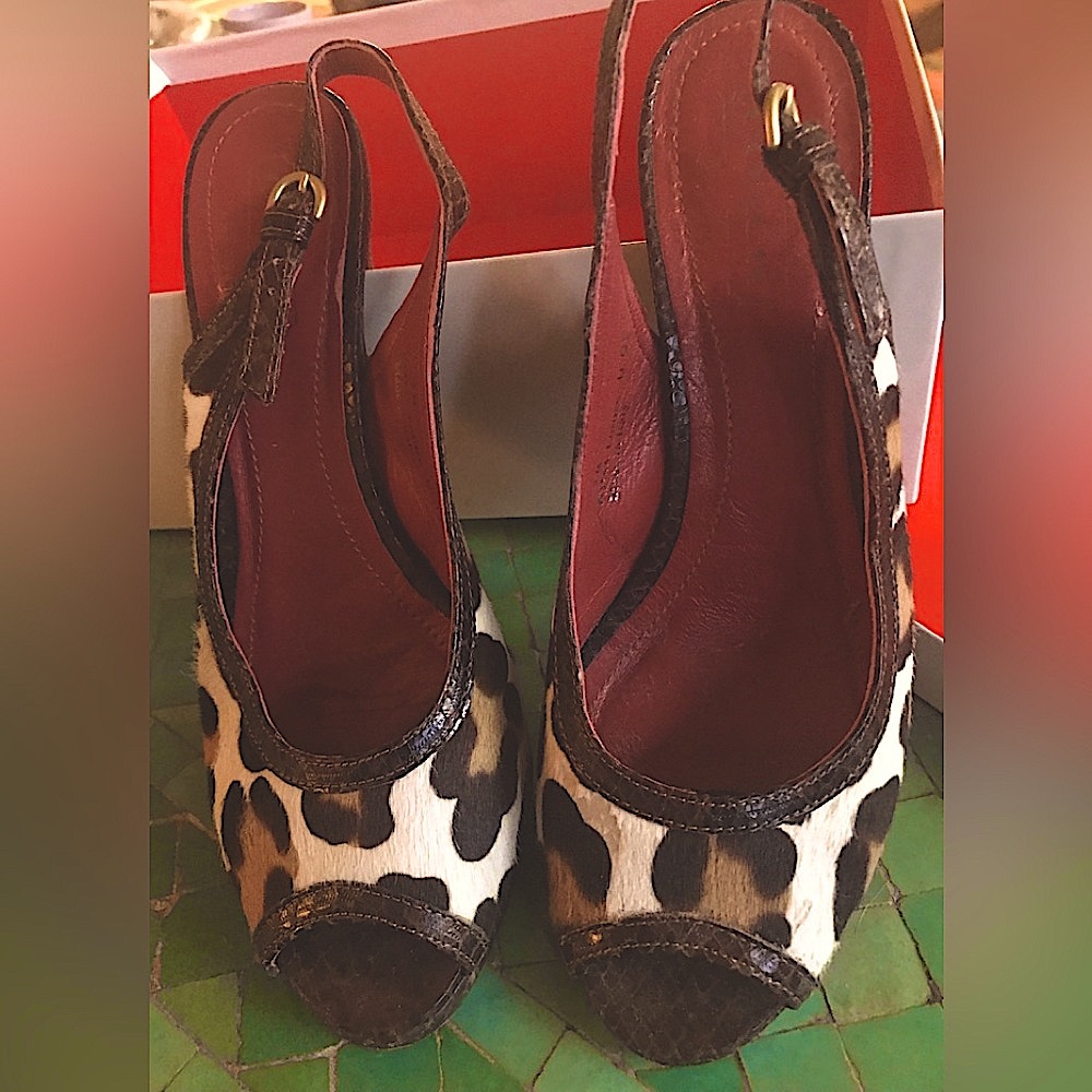 COACH “LORILEE” “ocelot/cht “  7 M Faux fur/ snake shoes ! In box. glam,vamp,